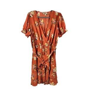 Inspired Hearts 2X Rust Floral Faux Wrap Mini Dress Boho Cottagecore Ruffle Hem